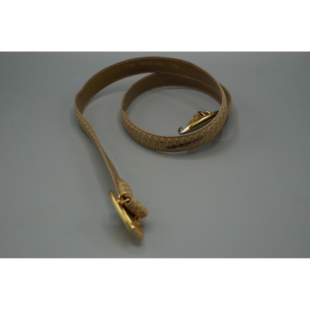 Vintage Genuine Snake Skin Belt Tan Beige Gold Tone Buckle S/M 31 Inch